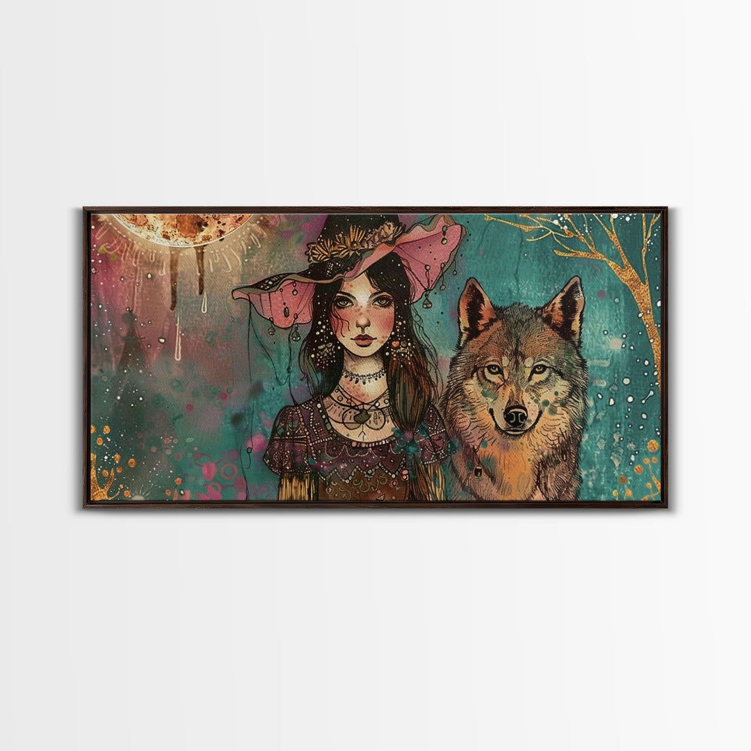 The Witch and The Wolf Familiar, Framed Canvas Print, Halloween Gift, Halloween Props, Halloween Wall Art