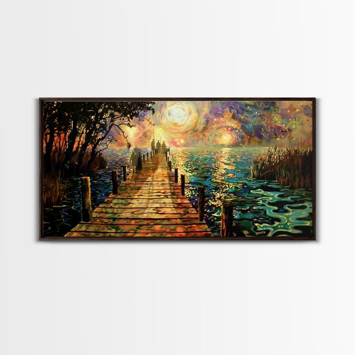 Starry Night Inspired Haunted Ghostly Docks At Night, Framed Canvas Print, Halloween Decor