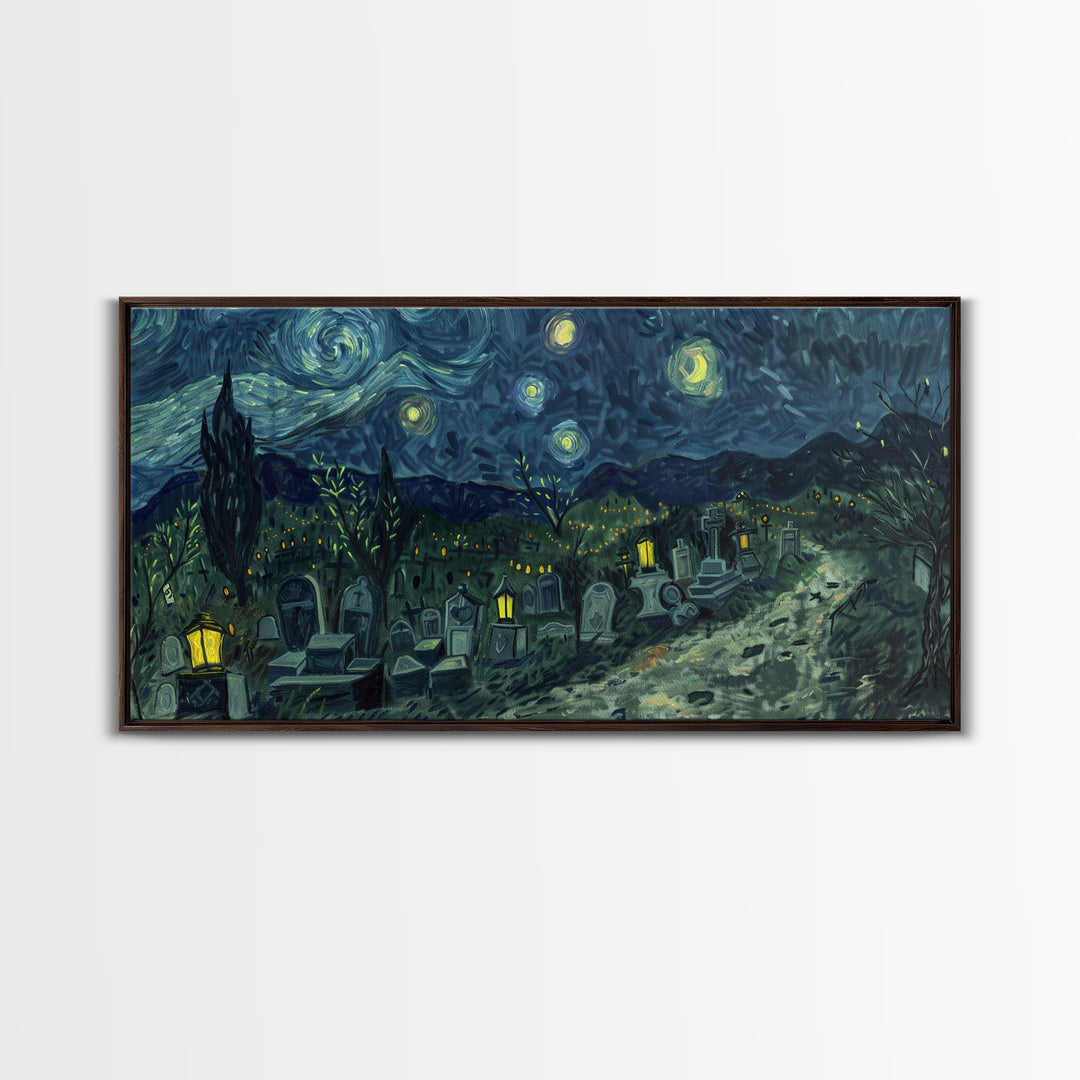 Starry Night Inspired Haunted Cemetery, Framed Canvas Print, Spooky Season Gift Idea, Halloween Decor, Halloween Prop