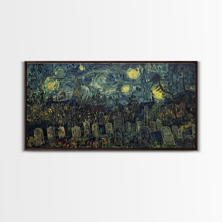 Starry Night Inspired Haunted Cemetery, Framed Canvas Print, Spooky Season Gift Idea, Halloween Decor, Halloween Prop