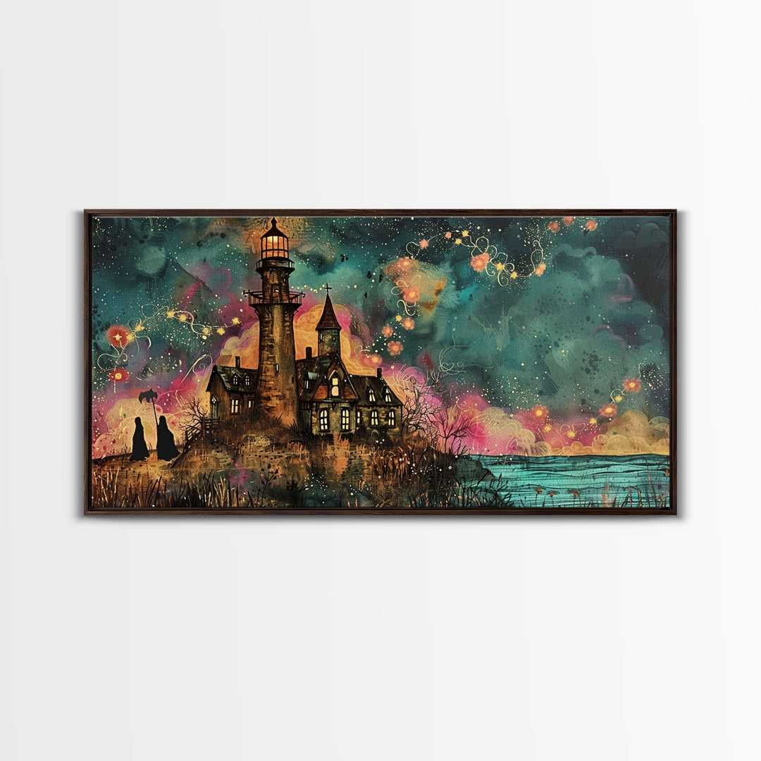 The Haunted Light House, Abstract Art, Framed Canvas Print, Original Midcentury Style Lighthouse Painting Wall Decor