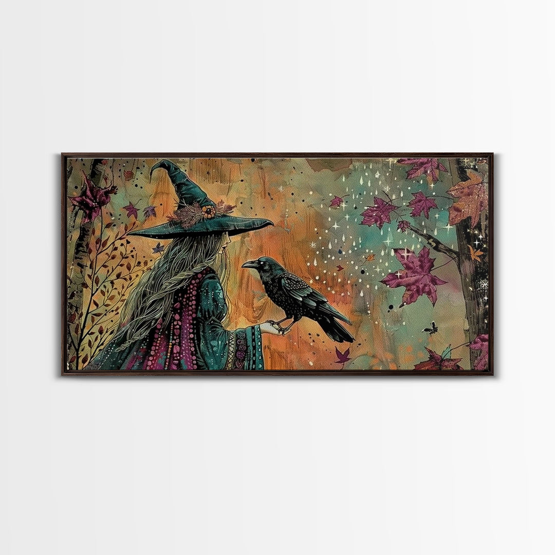 The Witch and The Raven Familiar, Framed Canvas Print, Halloween Gift, Halloween Props, Halloween Wall Art