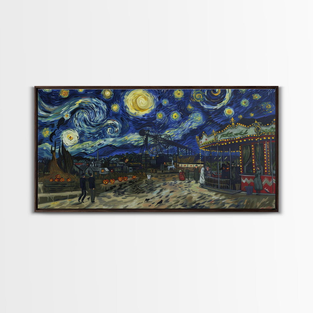 Spooky Haunted Carnival, Framed Canvas Print, Starry Night Inspired Spooky Season Wall Art, Halloween Prop