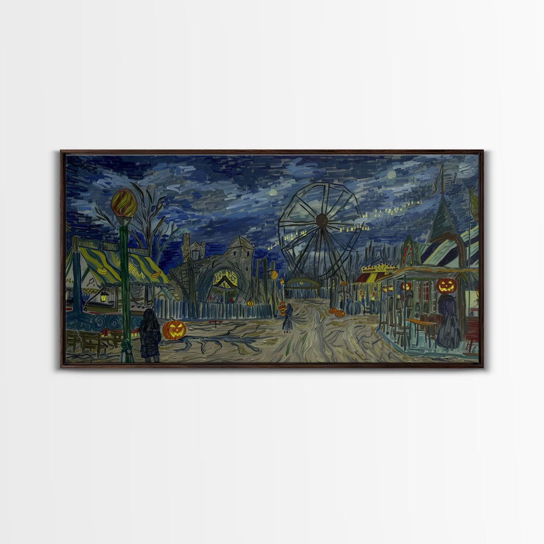 Spooky Haunted Carnival, Framed Canvas Print, Starry Night Inspired Spooky Season Wall Art, Halloween Prop