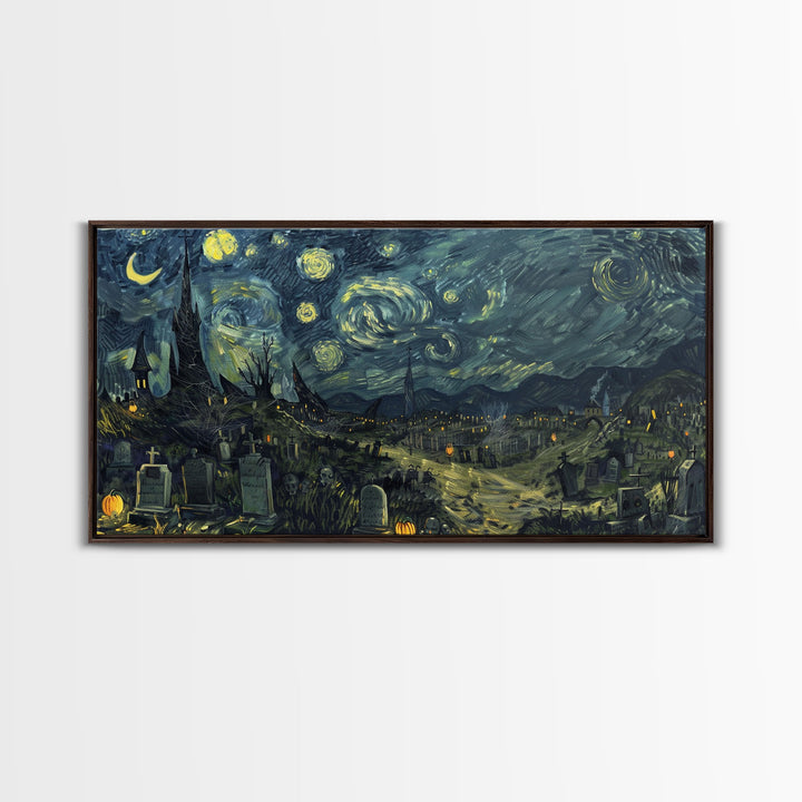 Starry Night Inspired Haunted Cemetery Framed Canvas Print, Halloween Wall Decor, Art Prints, Creepy Art