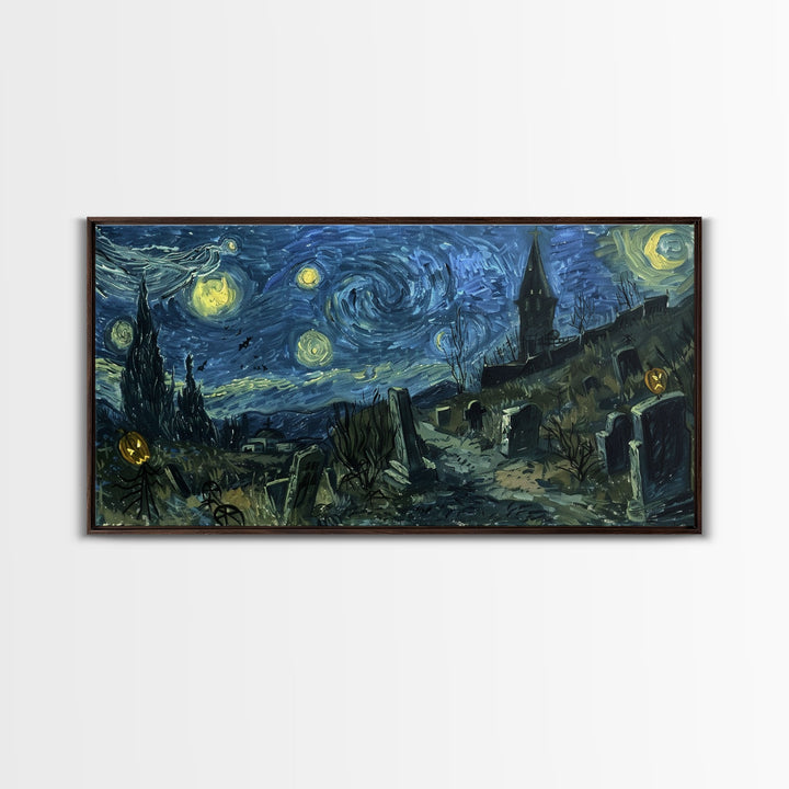 Starry Night Inspired Haunted Cemetery Framed Canvas Print, Halloween Wall Decor, Art Prints, Creepy Art, Spooky Vibes