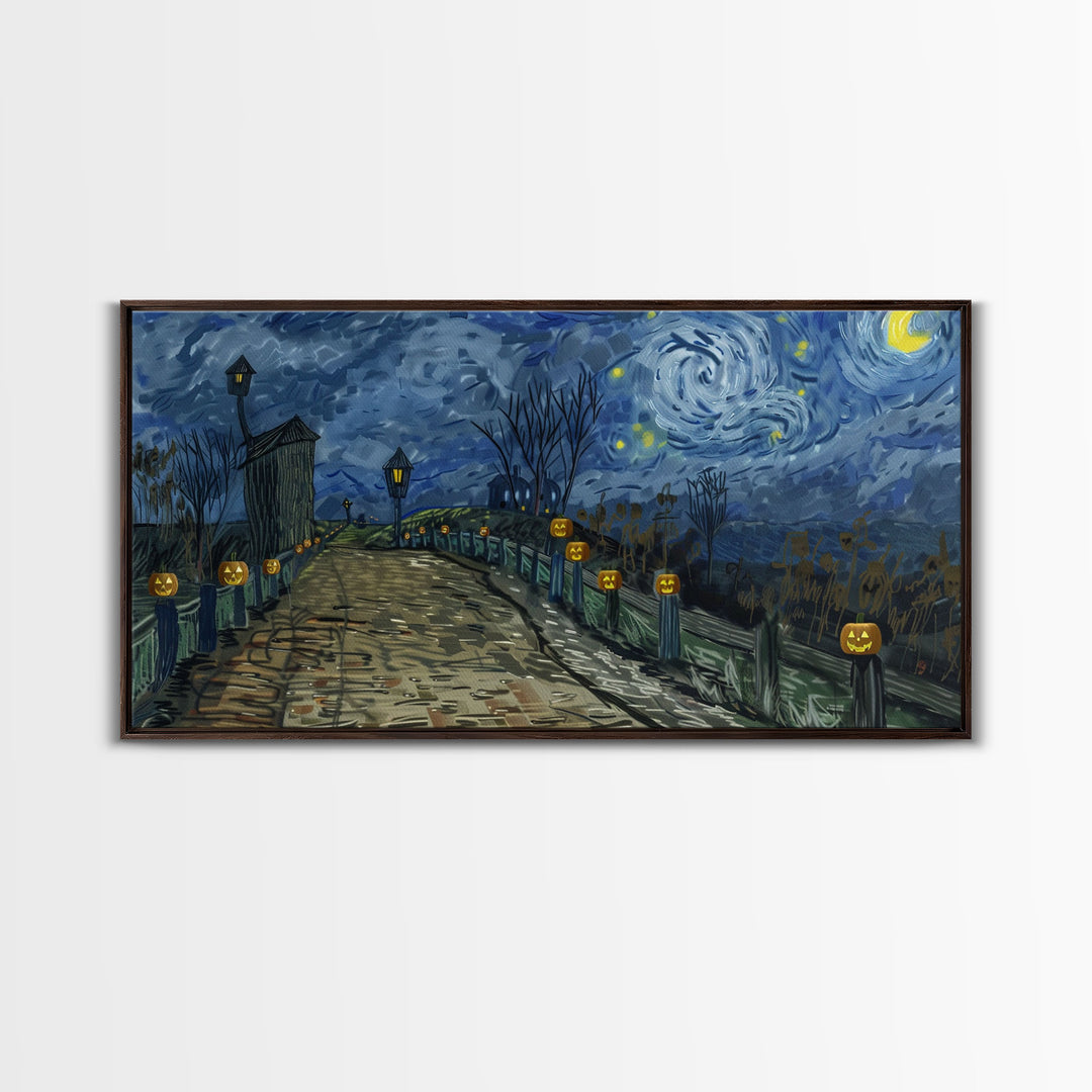 The Haunted Bridge, Framed Canvas Print, Spooky Home Decor, Starry Night Inspired