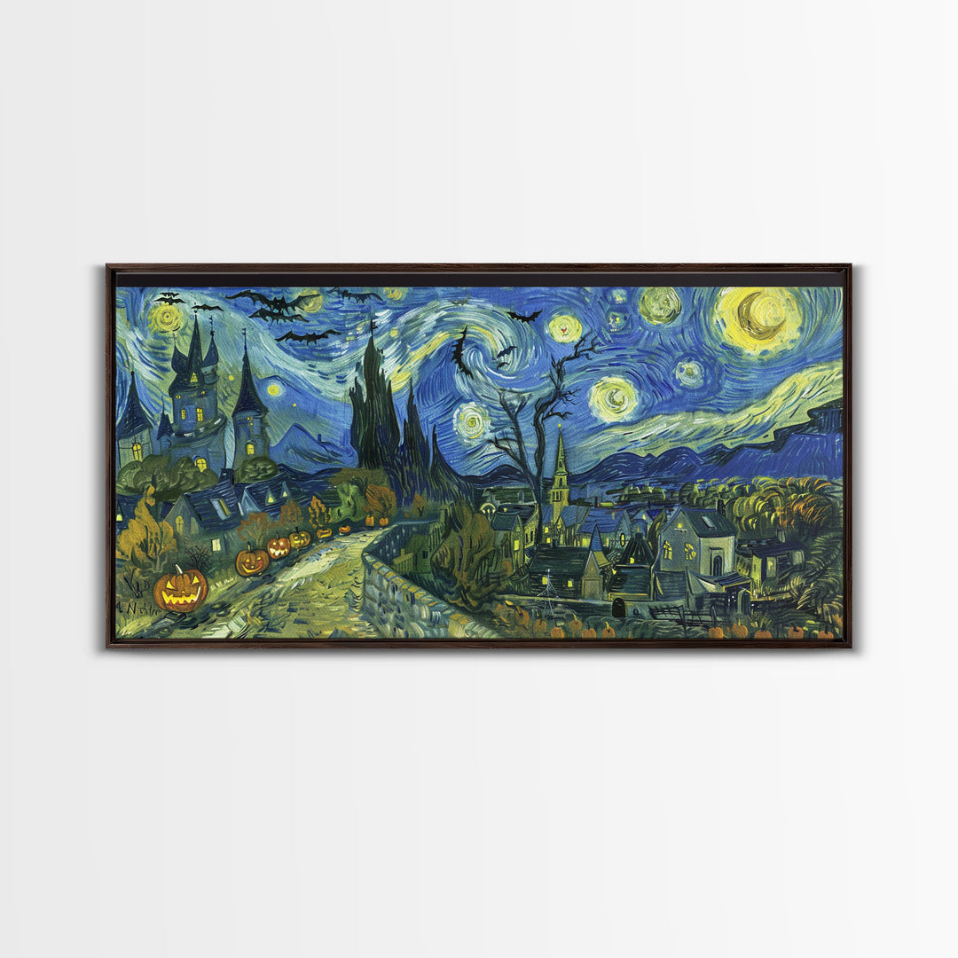 Spook Vibes Wall Art - Framed Canvas Print - Victorian Era London Starry Night Inspired Spooky Month Decor