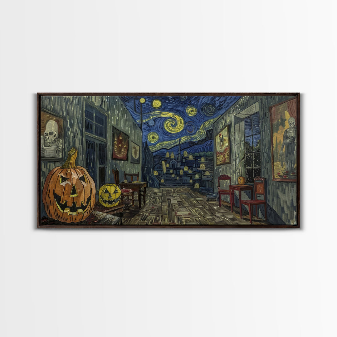 Starry Night Inspired Halloween Decor, Framed Canvas Print, Haunted Grave Yard