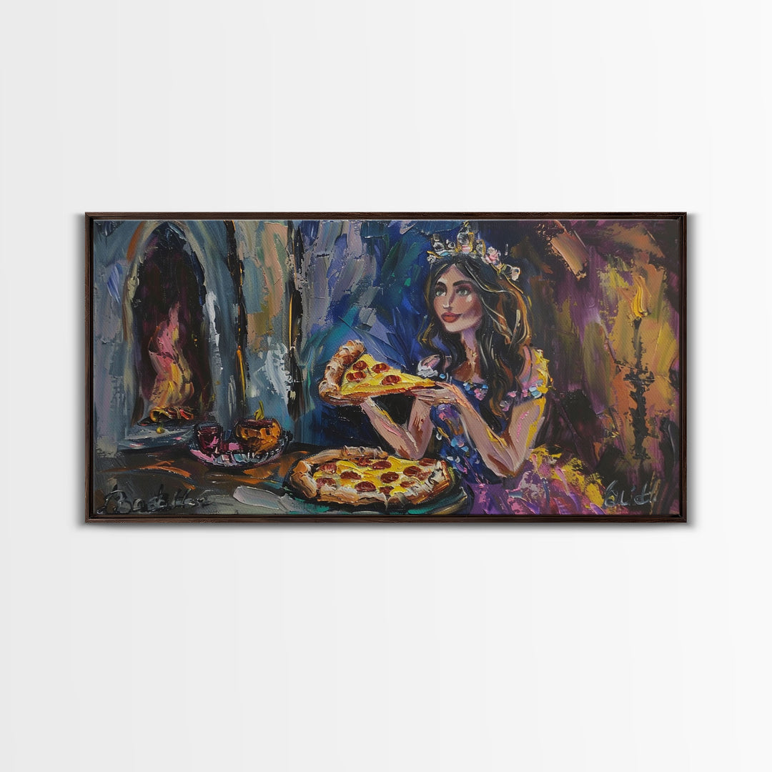 The Princess and the Pizza, Framed Canvas Print, Funny Decor, Funny Art