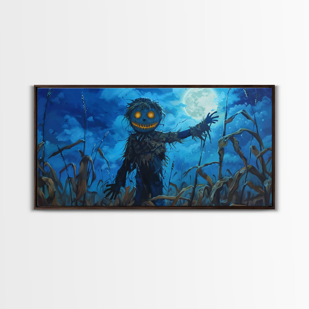 Spooky Jack O' Lantern Scarecrow, Framed Canvas Print, Dark Academia, Halloween Decor, Spooky Season Wall Art