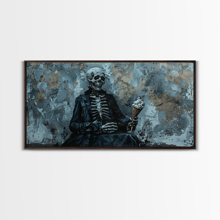 Skeleton Having an Ice Cream Cone, Macabre Wall Art, Framed Canvas Print, Spooky Halloween Art