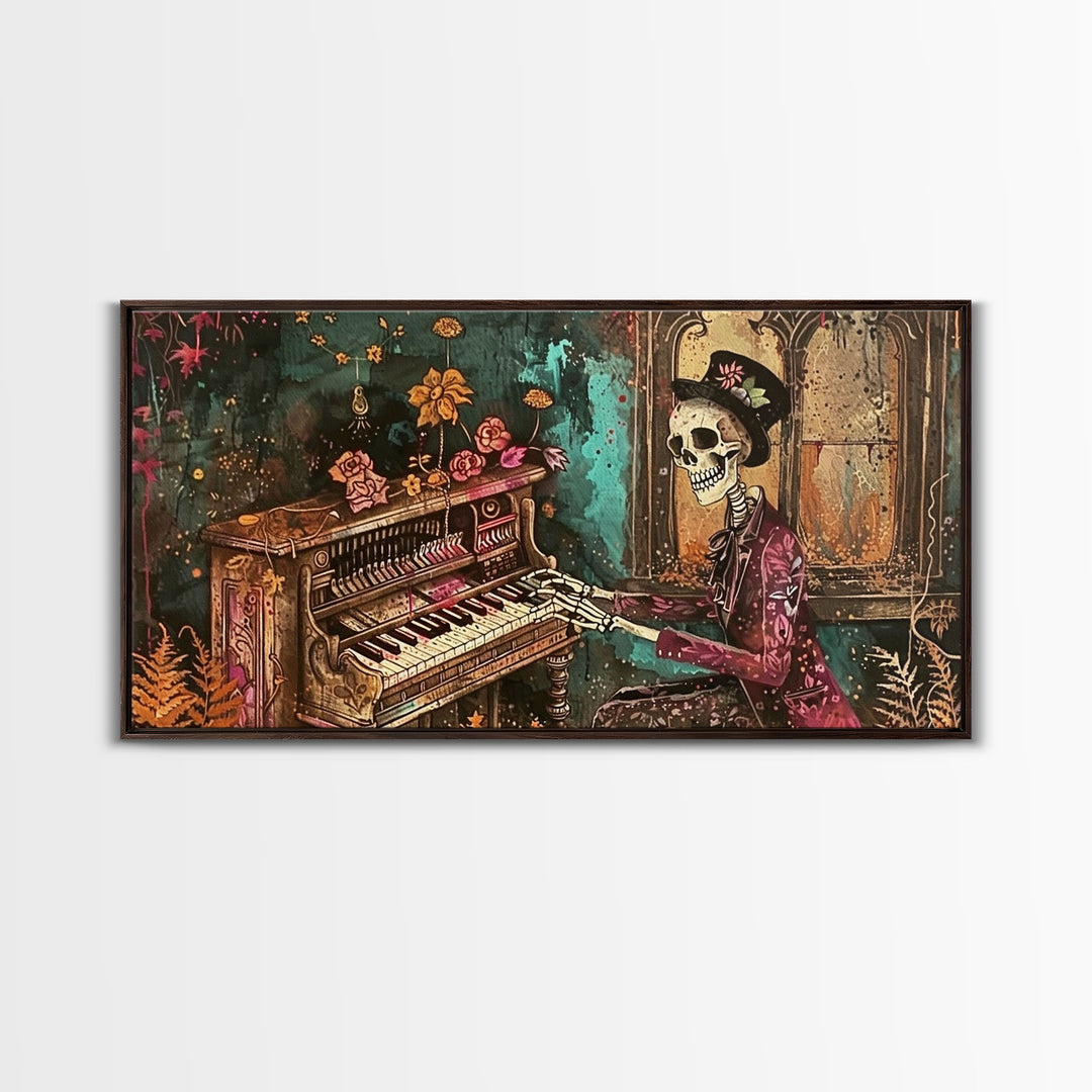 Skeleton Playing The Piano, Framed Canvas Print, Halloween Decor, Spooky Month Home Decor