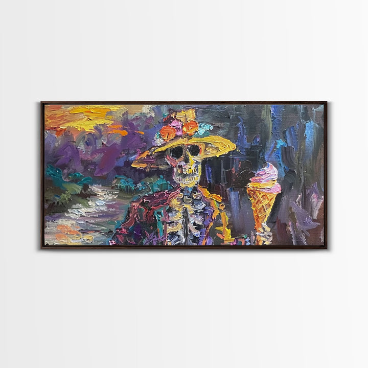 Skeleton In A Flower Hat Having an Ice Cream, Framed Canvas Print, funny Halloween Wall Art