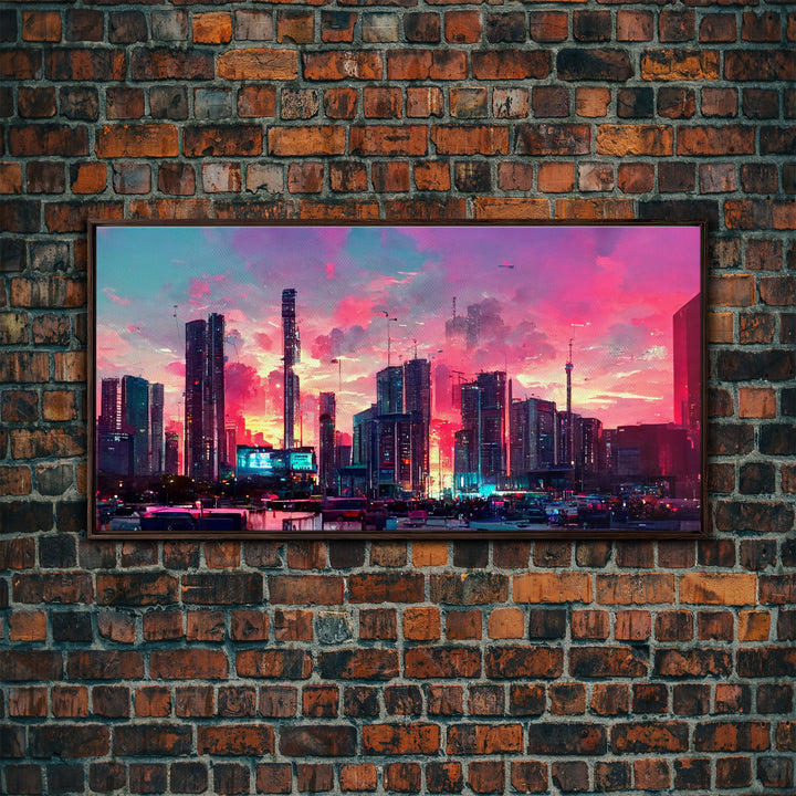 Cyber punk city skyline canvas print, outrun sunset, synthwave, vapor wave, dystopian city at sun set, mancave wall art, video game concept