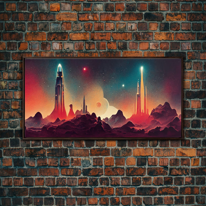 Art deco style space canvas print, space ship art, space art, outrun style, sci-fi themed art print, science fiction wall art