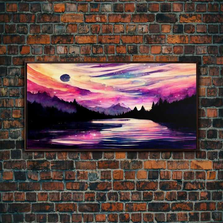 Beautiful lake at night canvas print, purple and pink sunset night sky, wall art canvas, lake front view, guest room, surreal Lakehouse Art