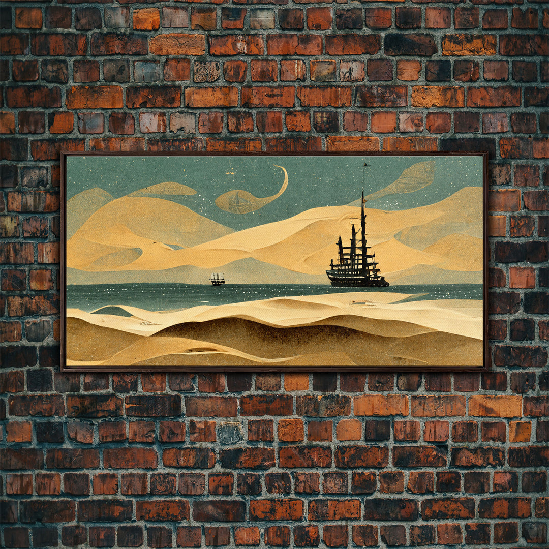 Art deco canvas print, pirate ship at sea beyond the sand dunes, living room wall art