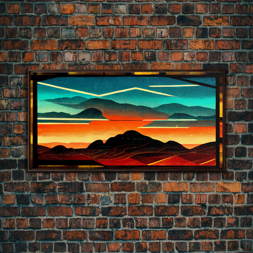 Pueblo style art deco sunset canvas print, outrun, colorful art, desert art, living room wall art, man cave art, stained glass look