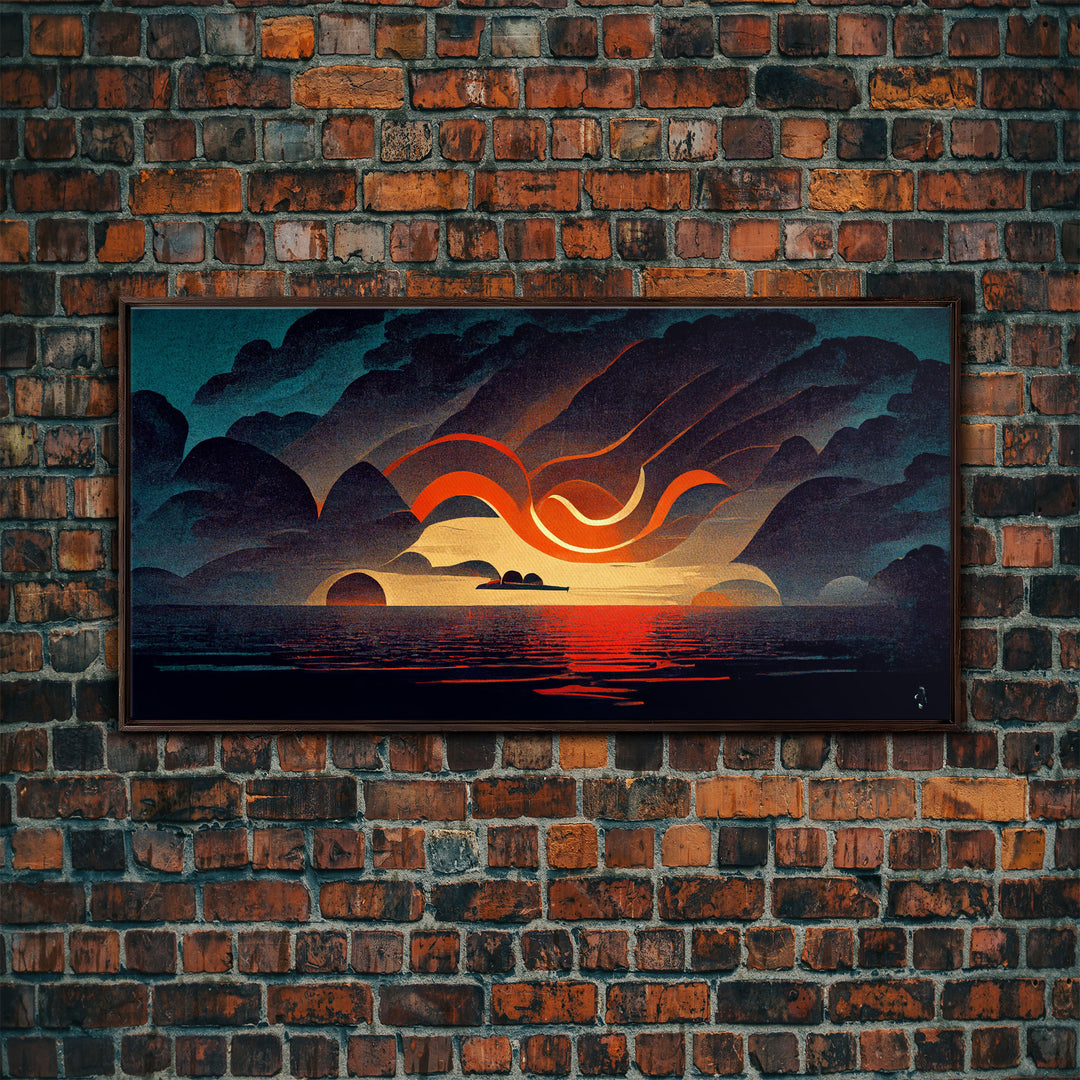 Abstract art deco sunset canvas print, sunset over the vast ocean, living room art