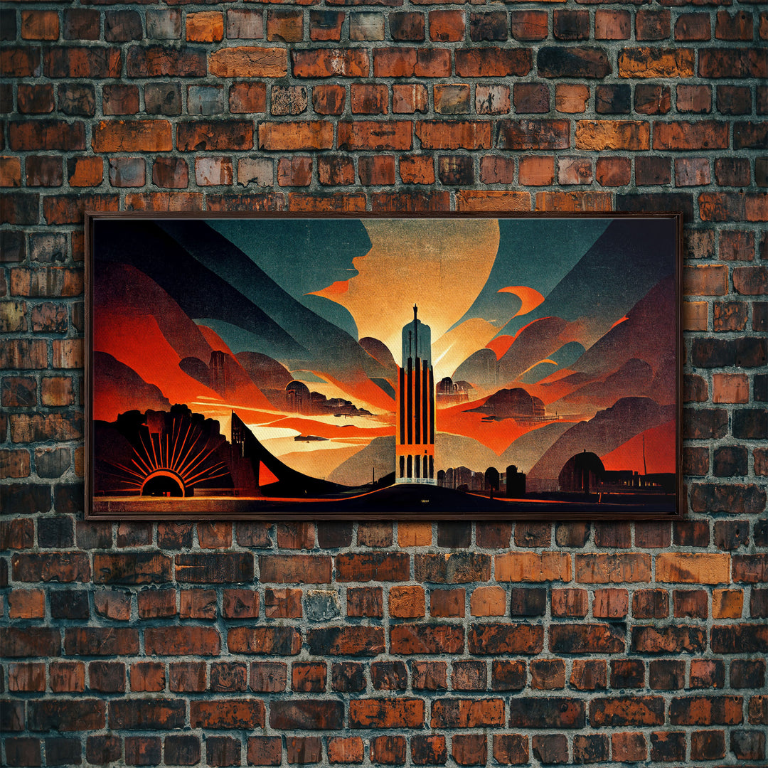 Dystopian metropolis canvas print, ready to hang wall art, art deco sunset, 1930s architecture, living room art, art nouveau