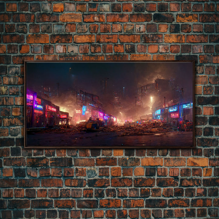 Destitute cyberpunk city with neon signs wall art, Bladerunner vibes art, synthwave style art, cool wall art