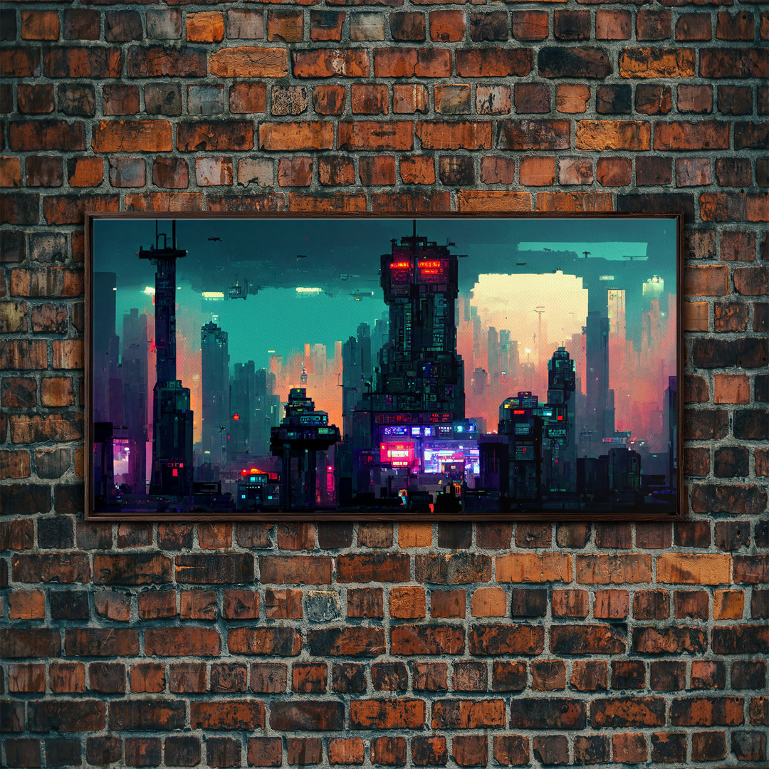 cyberpunk city pixel art canvas print, wall art, Bladerunner vibes art, synthwave style art, cool wall art