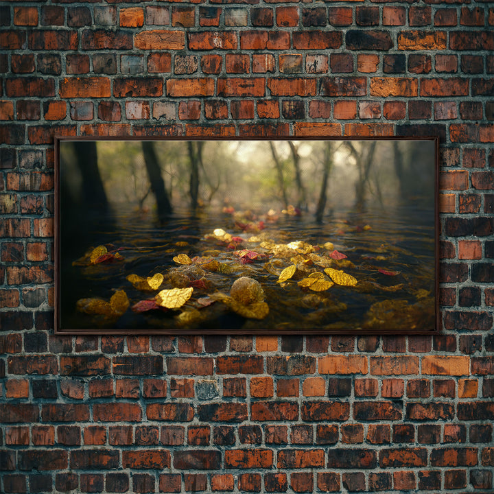 Fall leaves floating down the river, autumn, landscape and nature canvas print, oil painting style, neutral wall art