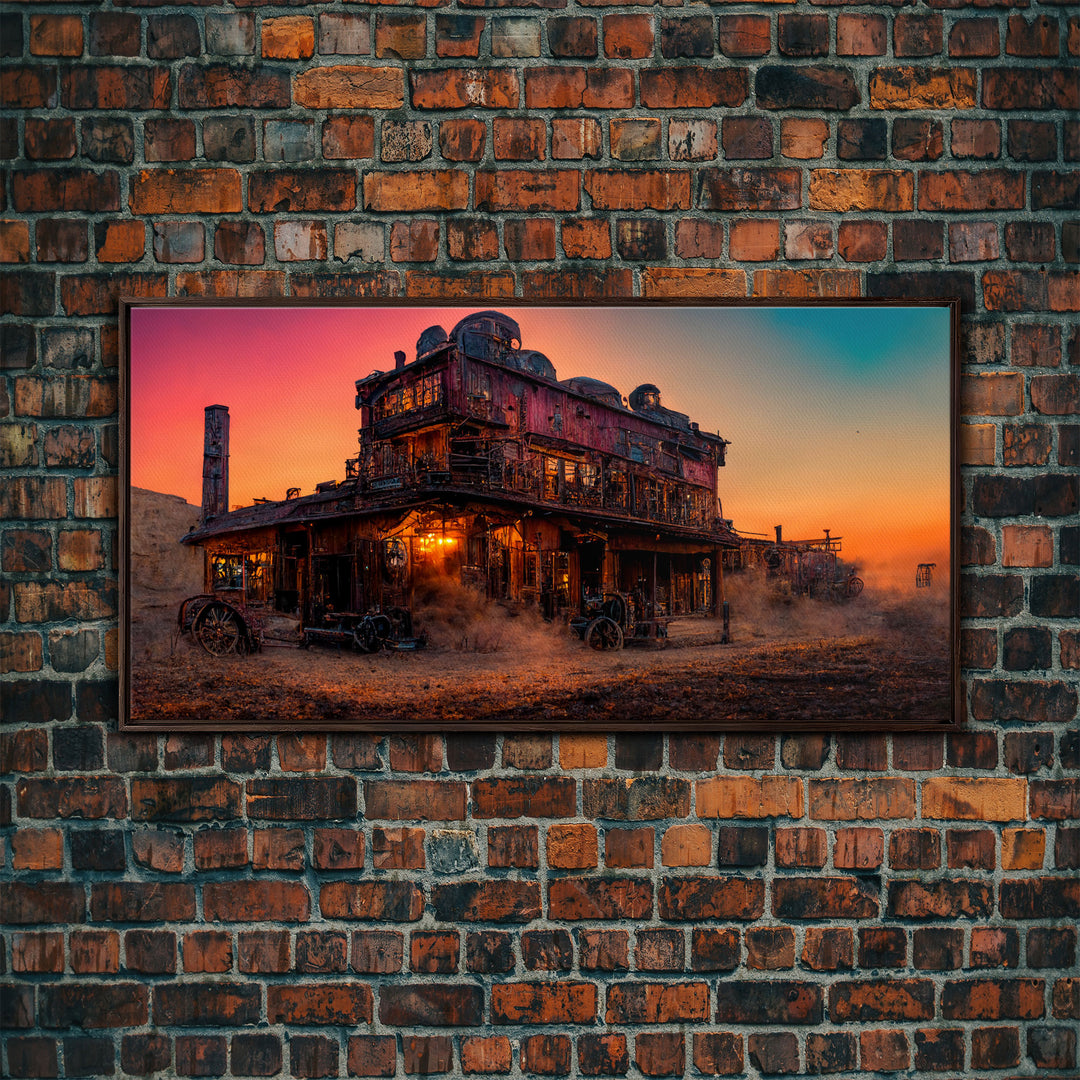 Synthwave Retro Wll Art, Dystopian steampunk wild west mashup, abandoned wild west saloon art, canvas print, ready to hang wall art