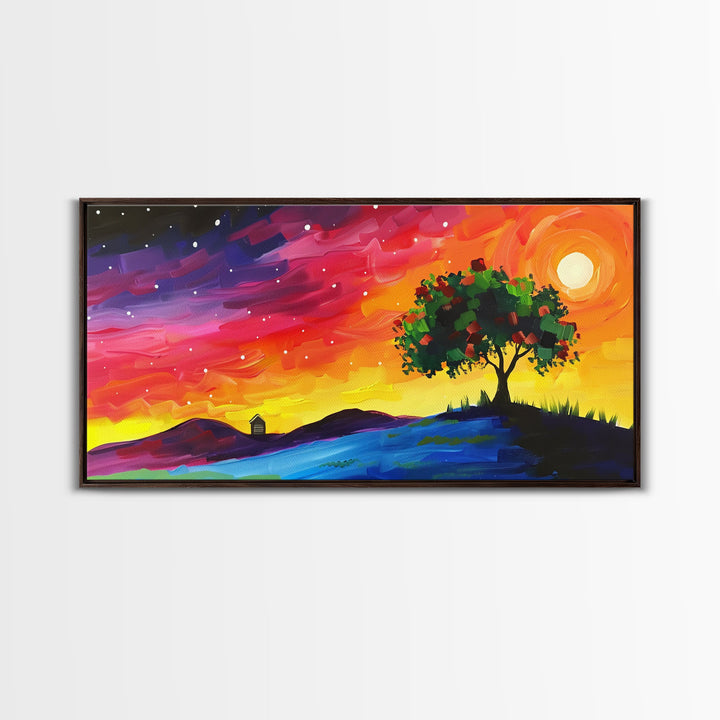 Vibrant Tree Under Starry Sky, Framed Canvas Print, Perfect for Living Room Art, Modern Home Decor, Colorful Bedroom Wall Art