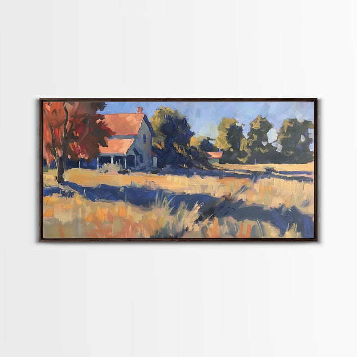 Tranquil Farmhouse with Red Roof, Framed Canvas Print, Great for Living Room Art, Pastoral Home Decor, Peaceful Bedroom Wall Art