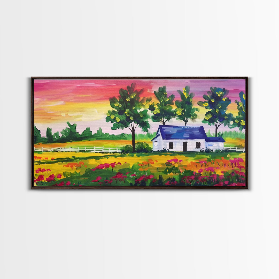 Vibrant Farmhouse Scene with Trees and Flowers, Perfect Living Room Art, Framed Canvas Print, Rustic Home Decoration, Minimalist Decor