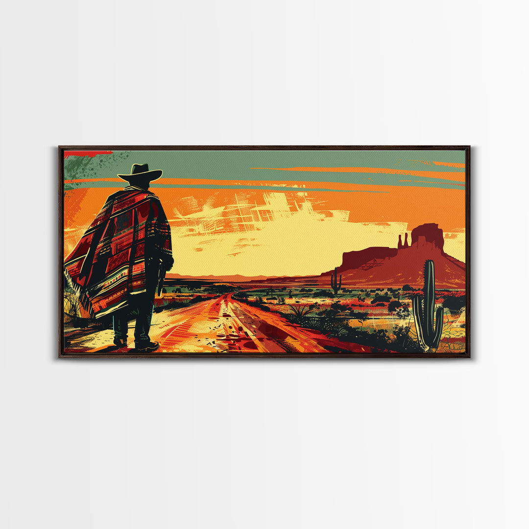 Abstract Cowboy in Desert Sunset Scene, Boho Bedroom Art, Framed Canvas Print, Modern Living Room Decoration, Rustic Wall Art