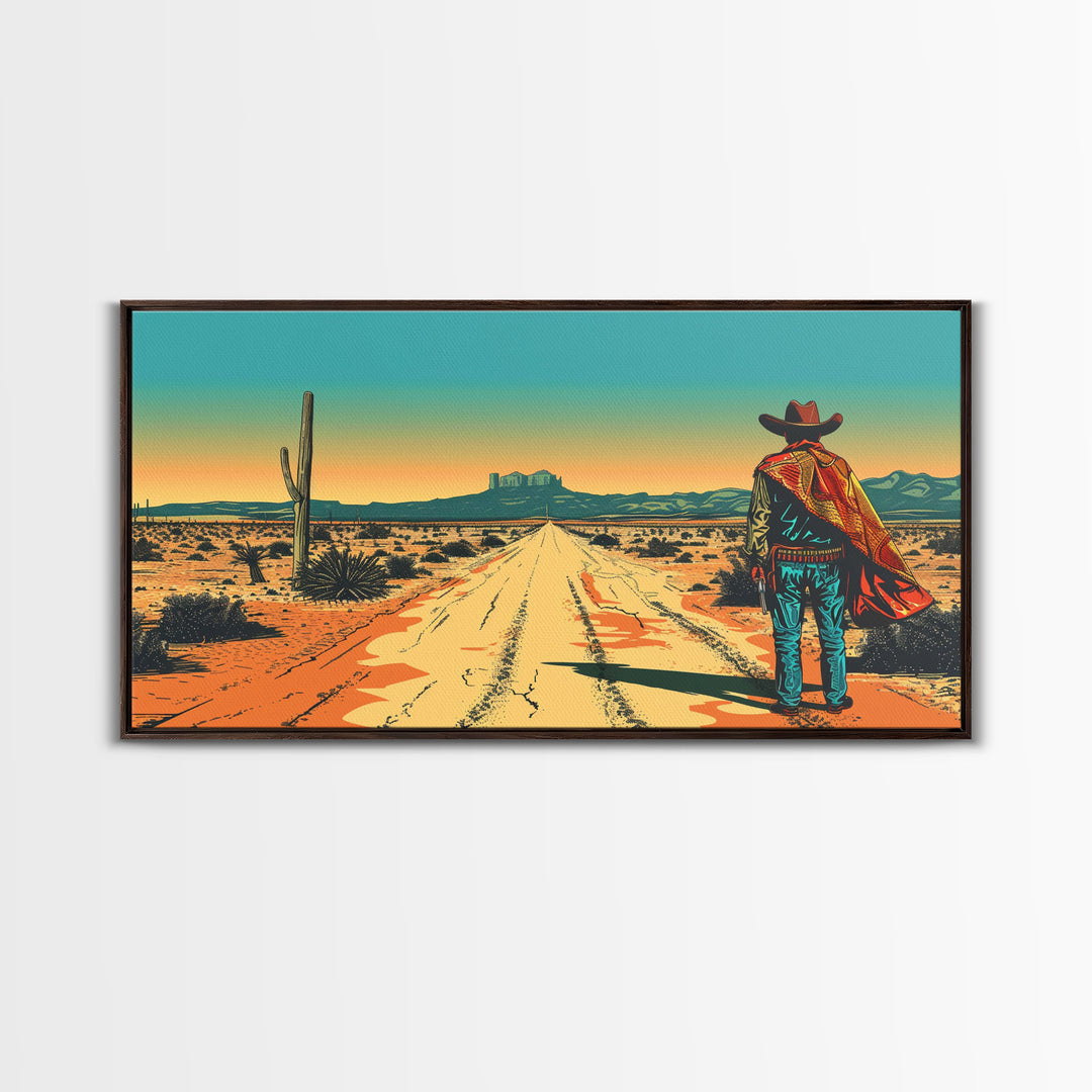 Western Cowboy in Desert Landscape, Rustic Wall Art, Framed Canvas Print, Boho Bedroom Decor, Vintage Home Decoration