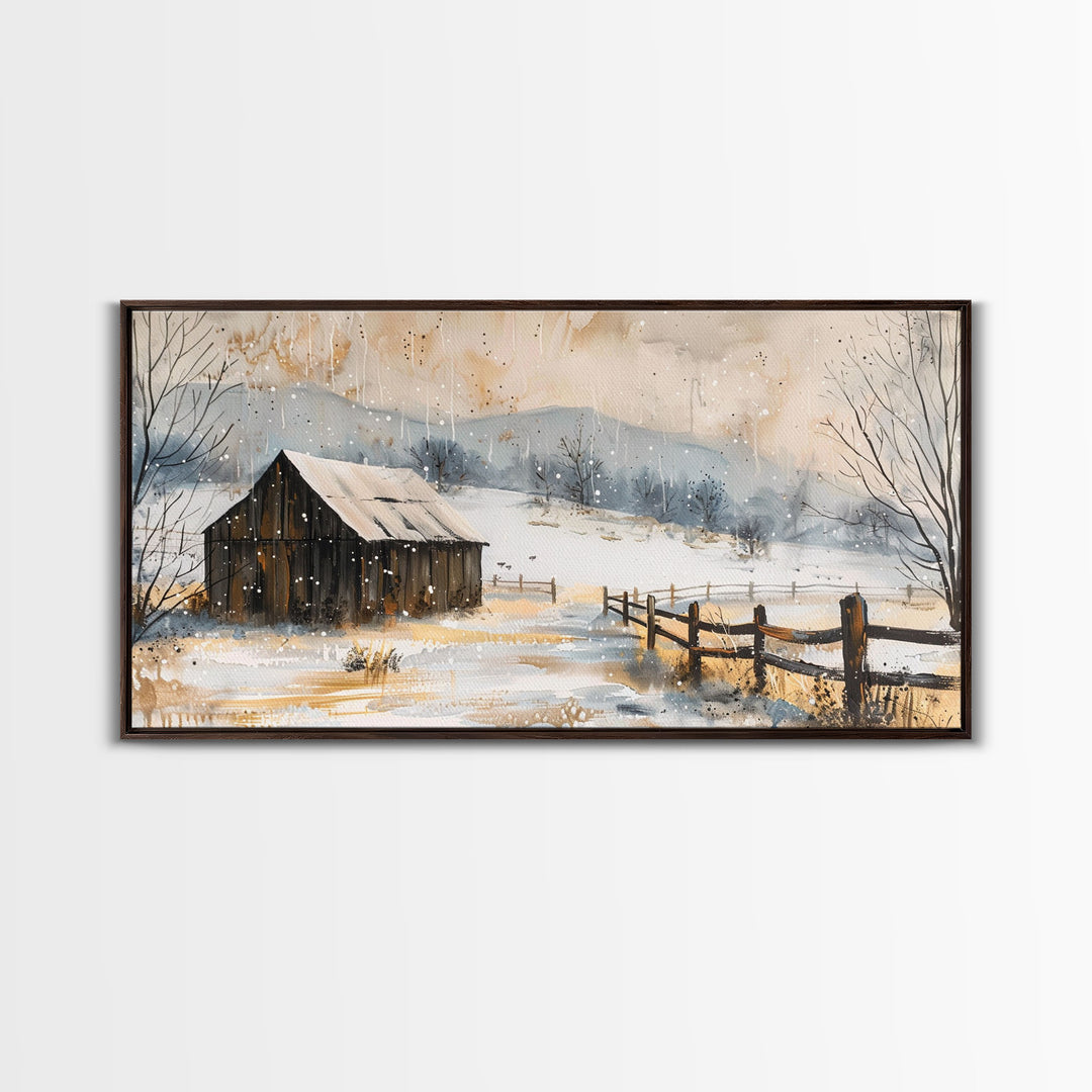 Snowy Barn in Winter Field, Framed Canvas Print, Rustic Wall Art, Living Room Decor, Farmhouse Style, Winter Landscape