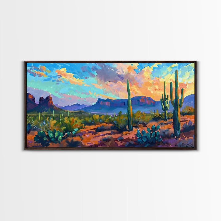 Desert Sunset with Cacti and Mountains, Abstract Southwestern Art, Framed Canvas Print, Rustic Boho Wall Decor, Living Room Art