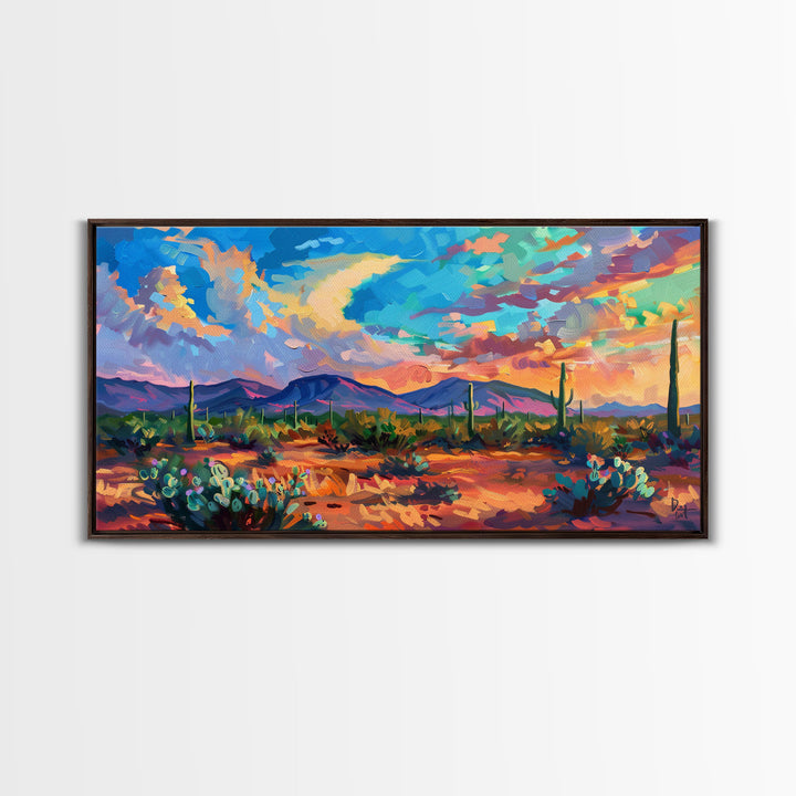 Vibrant Desert Sunset Landscape with Cacti, Framed Canvas Print for Living Room Art, Perfect for Boho and Southwestern Decor