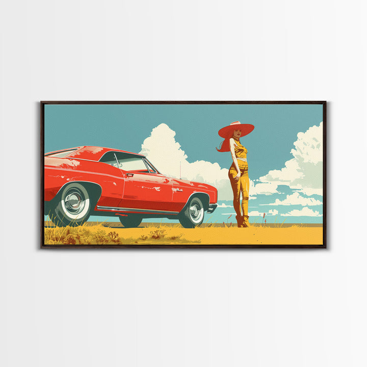 Vintage Cowgirl and Classic Red Car in Pop Art Style, Framed Canvas Print for Bedroom Decor, Perfect Living Room Wall Art