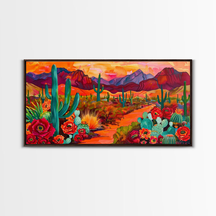 Vibrant desert scene with cacti and blooming flowers, Framed Canvas Print for boho living room, southwestern home decor art