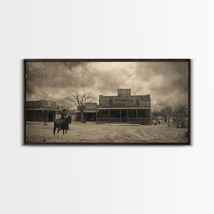 Cowboy Riding Through Old Western Town, Framed Canvas Print for Living Room Decor, Ideal Bedroom Wall Art, Vintage Western Scene