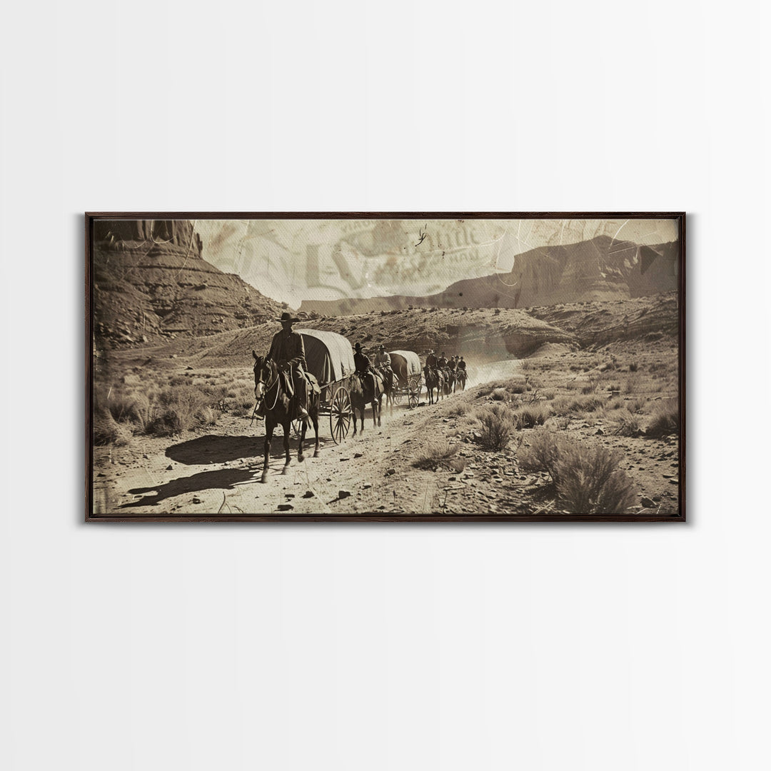 Western Wagon Trail through Desert Canyon, Framed Canvas Print for Farmhouse Living Room Wall Art, Vintage Home Decor, Rustic Scene