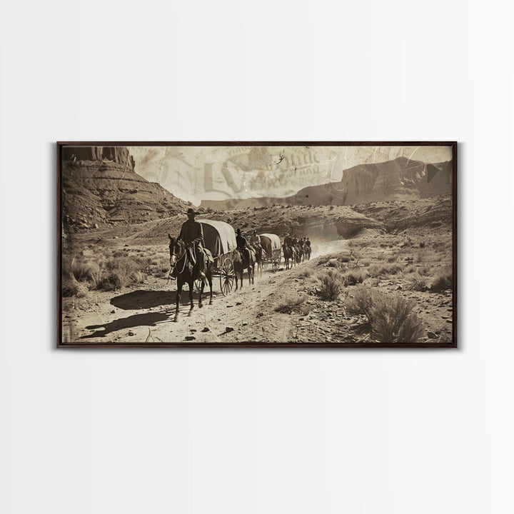 Western Wagon Trail through Desert Canyon, Framed Canvas Print for Farmhouse Living Room Wall Art, Vintage Home Decor, Rustic Scene