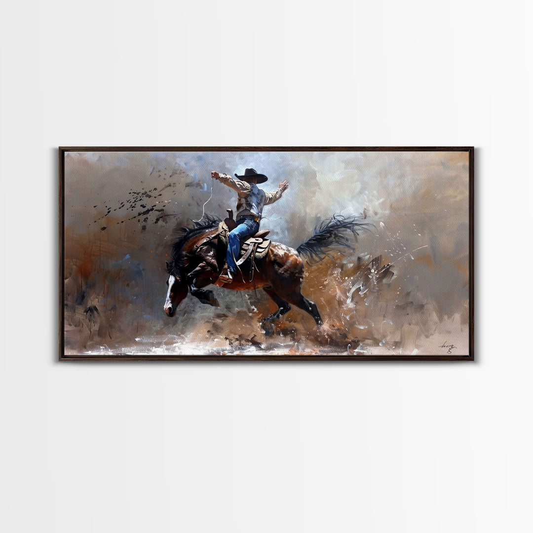 Rodeo Cowboy on Bucking Horse, Farmhouse Style Framed Canvas Print for Bedroom Wall Art, Rustic Home Decor, Western Action Art