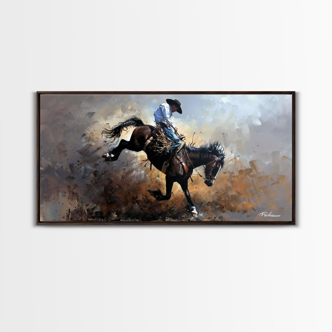 Wild Bronco Rider in Dusty Arena Scene, Stunning Framed Canvas Print, Ideal for Living Room Art, Western Bedroom Decor, Home Wall Art