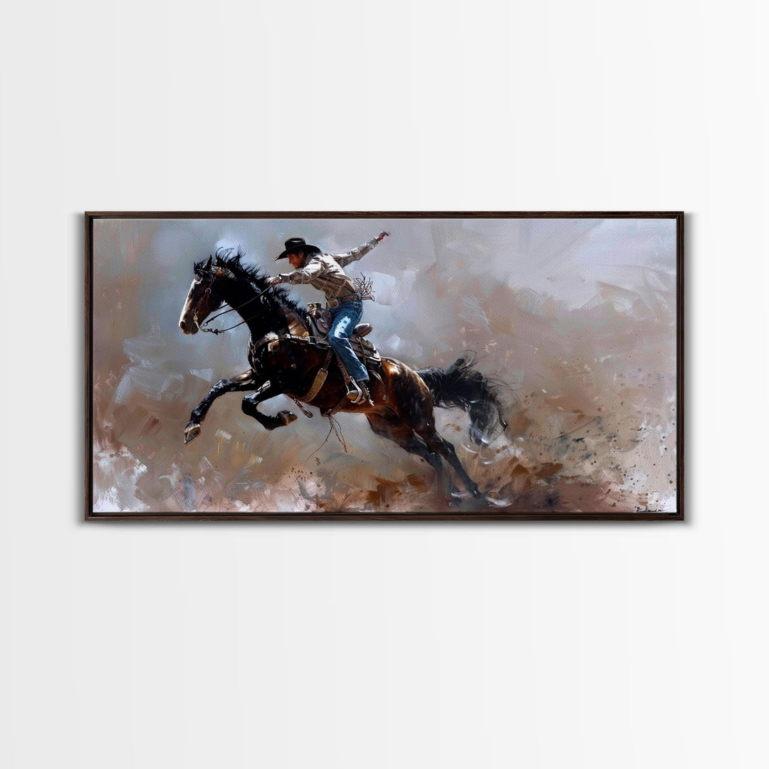 Action-Packed Rodeo Scene with Bucking Horse, Beautiful Framed Canvas Print, Western Living Room Art, Rustic Bedroom Decor, Wall Art