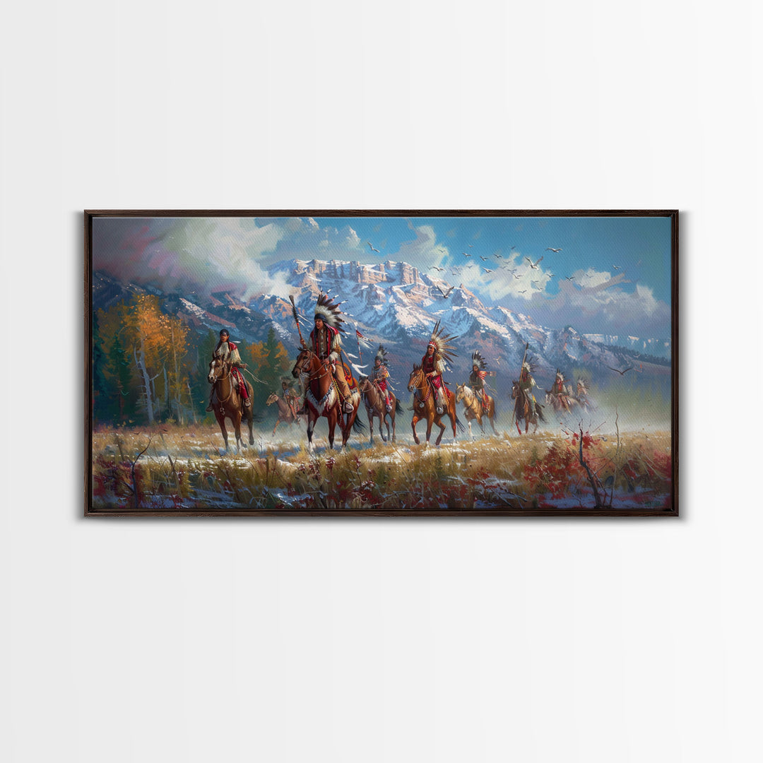 Native American Warriors Riding Through Snow-Capped Mountains, Ideal Wall Art, Framed Canvas Print Living Room Bedroom Decor, Historical Art