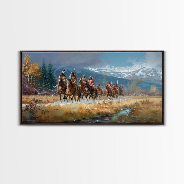 Tribal Warriors Journeying Through Snowy Landscape, Perfect Wall Art, Framed Canvas Print for Living Room or Bedroom Decor, Historical Art