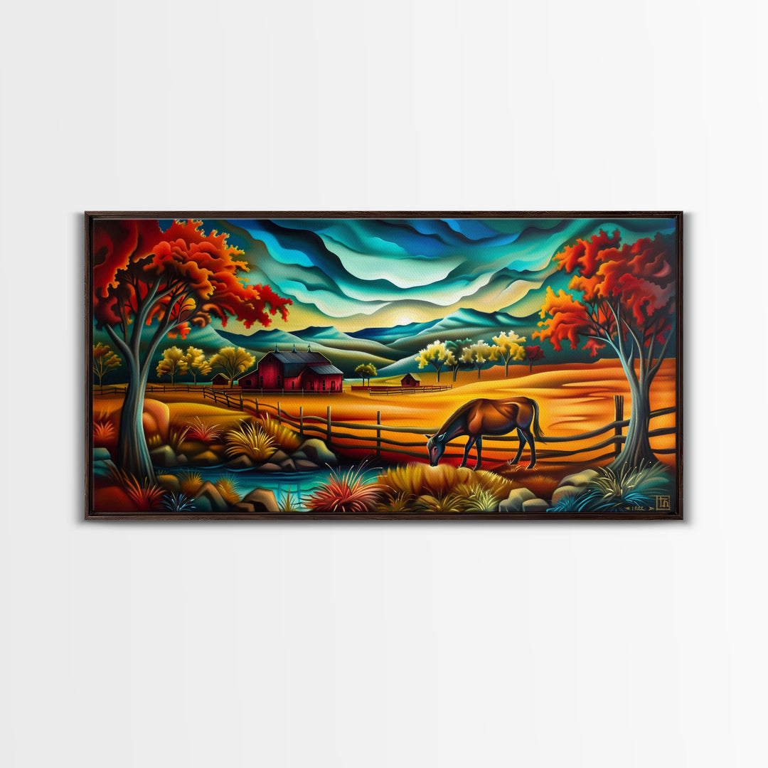 Abstract Colorful Farm Scene with Grazing Horse, Ideal Wall Art, Framed Canvas Print for Living Room or Bedroom Decor, Vibrant Nature Art