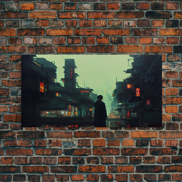 Japanese Style Cyberpunk City, Futuristic Cyberpunk Art, Framed Canvas Print, Ready To Hang Wall Art, Framed Wall Art, Hard Boiled