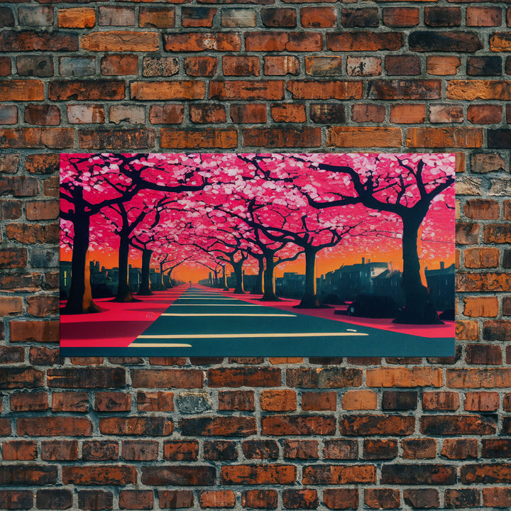 Street lined with Cherry Blossoms, Cherry Blossom Tree  Art, Framed Canvas Print, Ready To Hang Wall Art, Framed Wall Art